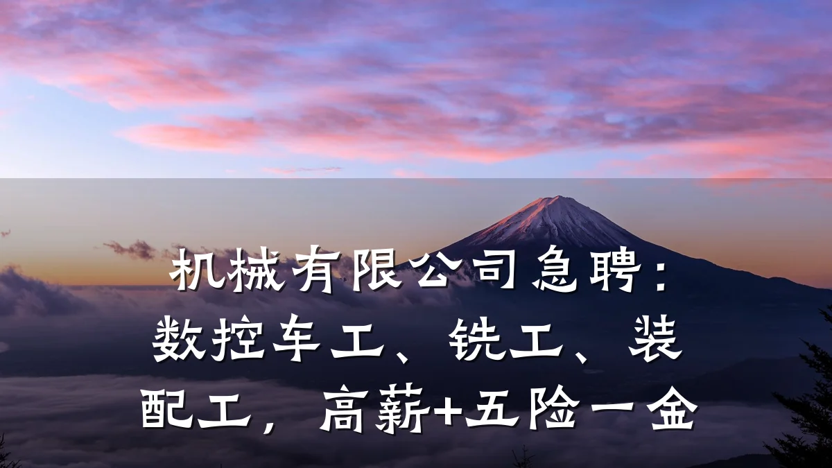 机械有限公司急聘:数控车工、铣工、装配工,高薪+五险一金